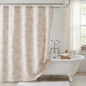 Linen Shower Curtain Beige on Beige Floral Pattern 72 x 72 Country Farmhouse